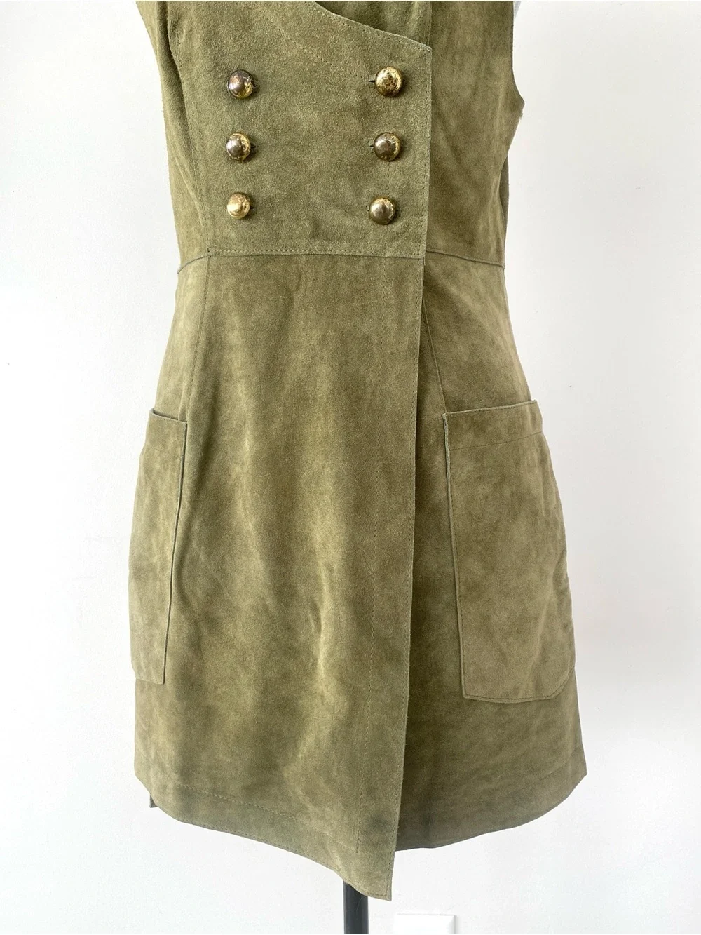 Free People Stevie Mini Dress Olive Green Suede Double-Breasted Sz 6 Military